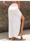 Kadın Beyaz Büzgü Detaylı Yırtmaçlı Plaj Eteği Pareo Uzun Şifon
