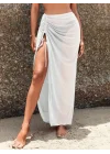 Kadın Beyaz Büzgü Detaylı Yırtmaçlı Plaj Eteği Pareo Uzun Şifon