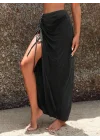 Kadın Siyah Büzgü Detaylı Yırtmaçlı Plaj Eteği Pareo Uzun Şifon
