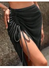 Kadın Siyah Büzgü Detaylı Yırtmaçlı Plaj Eteği Pareo Uzun Şifon