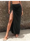 Kadın Siyah Büzgü Detaylı Yırtmaçlı Plaj Eteği Pareo Uzun Şifon