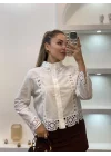 Kadın Beyaz Tasarım Motifli Pamuklu Keten Gömlek Dantelli Pinterest Gömlek