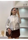 Kadın Beyaz Tasarım Motifli Pamuklu Keten Gömlek Dantelli Pinterest Gömlek
