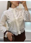 Kadın Beyaz Tasarım Motifli Pamuklu Keten Gömlek Dantelli Pinterest Gömlek