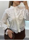 Kadın Beyaz Tasarım Motifli Pamuklu Keten Gömlek Dantelli Pinterest Gömlek
