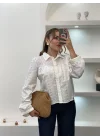 Kadın Beyaz Tasarım Fisto İşlemeli Gömlek Bohem Pamuklu Delik İşi