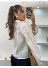 Kadın Beyaz Tasarım Fisto İşlemeli Gömlek Bohem Pamuklu Delik İşi