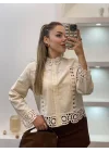 Kadın Bej Tasarım Motifli Pamuklu Keten Gömlek Dantelli Pinterest Gömlek