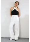 Kadın Beyaz Yüksek Bel Cırtlı Cepli Geniş Paça Pantolon
