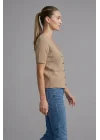 Kadın Bej Kalp Düğmeli Örgü Triko Hırka Kısa Kollu V Yaka Pinterest