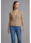 Kadın Bej Kalp Düğmeli Örgü Triko Hırka Kısa Kollu V Yaka Pinterest