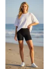 Kadın Siyah Yüksek Bel Dikişsiz Fitilli Biker Şort Tayt Toparlayıcı Seamless