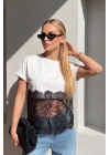Kadın Beyaz Dantel Detaylı Pamuklu Pinterest Crop Tişört