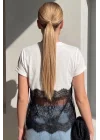 Kadın Beyaz Dantel Detaylı Pamuklu Pinterest Crop Tişört