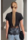 Kadın Siyah Dantel Detaylı Pamuklu Pinterest Crop Tişört