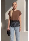 Kadın Kahverengi Dantel Detaylı Pamuklu Pinterest Crop Tişört