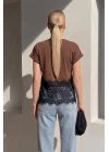 Kadın Kahverengi Dantel Detaylı Pamuklu Pinterest Crop Tişört