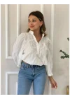 Kadın Beyaz Fisto Dantel Garnili Hakim Yaka Pamuklu Pinterest Gömlek Bluz