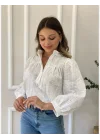 Kadın Beyaz Fisto Dantel Garnili Hakim Yaka Pamuklu Pinterest Gömlek Bluz