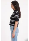 Kadın Siyah Beyaz Çizgili Pamuklu Tişört Bohem Pinterest Stili Crop