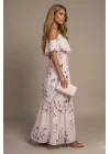 Kadın Ekru Pembe Çiçek Desenli Pamuklu Viskon Elbise Bohem Pinterest Askılı Maxi