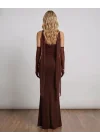 Kadın Acı Kahverengi Eldivenli ve Fularlı Straplez Abiye Elbise Maxi Boy