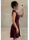 Kadın Bordo Çin Yakalı Kloş Etekli Pinterest Krep Kumaş Mini Abiye Elbise