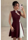 Kadın Bordo Çin Yakalı Kloş Etekli Pinterest Krep Kumaş Mini Abiye Elbise