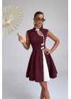 Kadın Bordo Çin Yakalı Kloş Etekli Pinterest Krep Kumaş Mini Abiye Elbise
