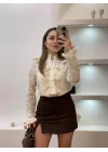 Kadın Bej Volanlı Fisto Nakışlı Gömlek Bluz Bohem Pinterest Dantelli