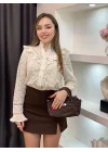 Kadın Bej Volanlı Fisto Nakışlı Gömlek Bluz Bohem Pinterest Dantelli