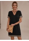 Kadın Siyah Nakış Detaylı Pamuklu Viskon Elbise Bohem Otantik Mini