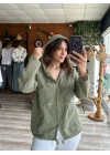 Kadın Yeşil Kapüşonlu Yıldız İşlemeli Cepli Büzgülü Pamuk Keten Gömlek Ceket