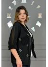 Kadın Siyah Kapüşonlu Yıldız İşlemeli Cepli Büzgülü Pamuk Keten Gömlek Ceket