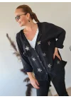 Kadın Siyah Kapüşonlu Yıldız İşlemeli Cepli Büzgülü Pamuk Keten Gömlek Ceket