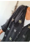 Kadın Siyah Kapüşonlu Yıldız İşlemeli Cepli Büzgülü Pamuk Keten Gömlek Ceket