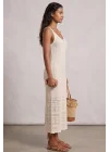 Kadın Ekru Ajurlu Triko Elbise Bohem Plaj Maxi Boy Yazlık Pareo