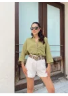 Kadın Yağ Yeşili Pamuklu Oversize Fakir Kol Gömlek Geniş Kalıp Salaş Bluz