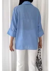Kadın Açık Mavi Pamuklu Oversize Fakir Kol Gömlek Geniş Kalıp Salaş Bluz