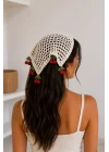 Kadın Ekru Triko Kiraz Sallantılı Örgü Bandana Yazlık Saç Eşarbı