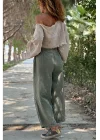 Kadın Haki Keten Cepli Yıkamalı Bohem Pinterest Salaş Bol Paça Pantolon