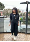 Kadın Siyah Keten Cepli Yıkamalı Bohem Pinterest Salaş Bol Paça Pantolon