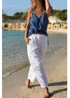 Kadın Beyaz Keten Cepli Yıkamalı Bohem Pinterest Salaş Bol Paça Pantolon