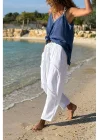 Kadın Beyaz Keten Cepli Yıkamalı Bohem Pinterest Salaş Bol Paça Pantolon