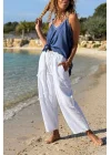 Kadın Beyaz Keten Cepli Yıkamalı Bohem Pinterest Salaş Bol Paça Pantolon