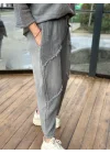 Kadın Gri Keten Cepli Yıkamalı Bohem Pinterest Salaş Bol Paça Pantolon