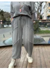 Kadın Gri Keten Cepli Yıkamalı Bohem Pinterest Salaş Bol Paça Pantolon