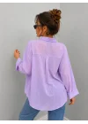 Kadın Lila Pamuklu Oversize Fakir Kol Gömlek Geniş Kalıp Salaş Bluz