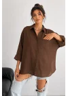 Kadın Kahverengi Pamuklu Oversize Fakir Kol Gömlek Geniş Kalıp Salaş Bluz