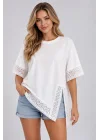 Kadın Beyaz Güpür Dantel Detaylı Asimetrik Pamuk Modal Bluz T-Shirt